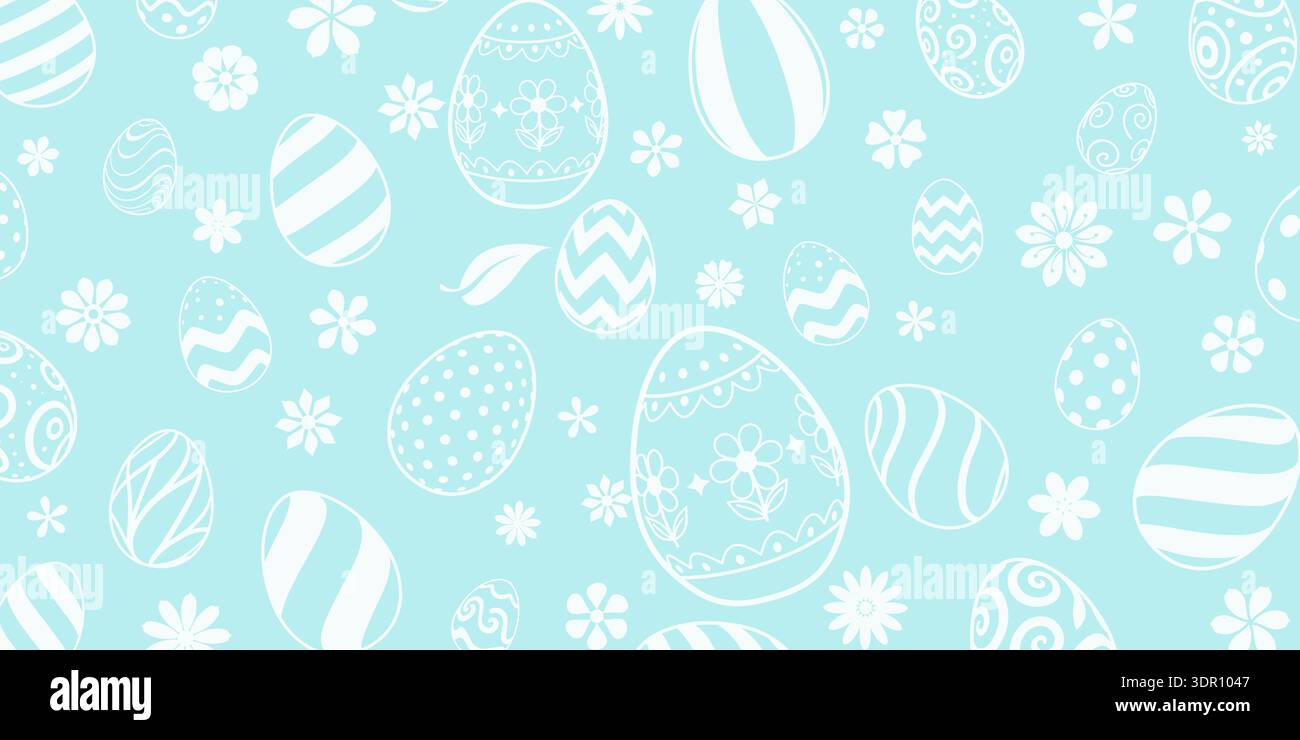 Light blue Easter background with white eggs and flowers, various patterns. Stock Vector