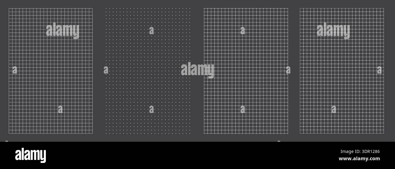 Technical blueprint grid pack on dark grey background. Four coordinated patterns support engineering drawings, planning pages, notebook covers and abstract technology visuals for print and screen. Stock Vector