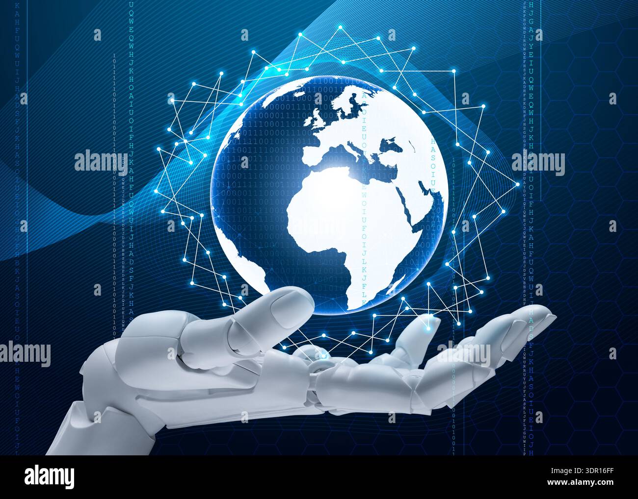 Robot hand holding virtual globe on dark background. Artificial intelligence in global development Stock Photo