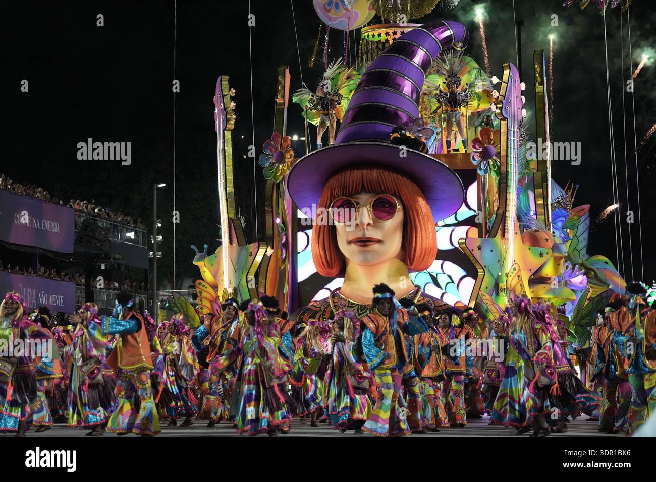 Float Singer Performers from the Mocidade samba school parade on a float with a ...