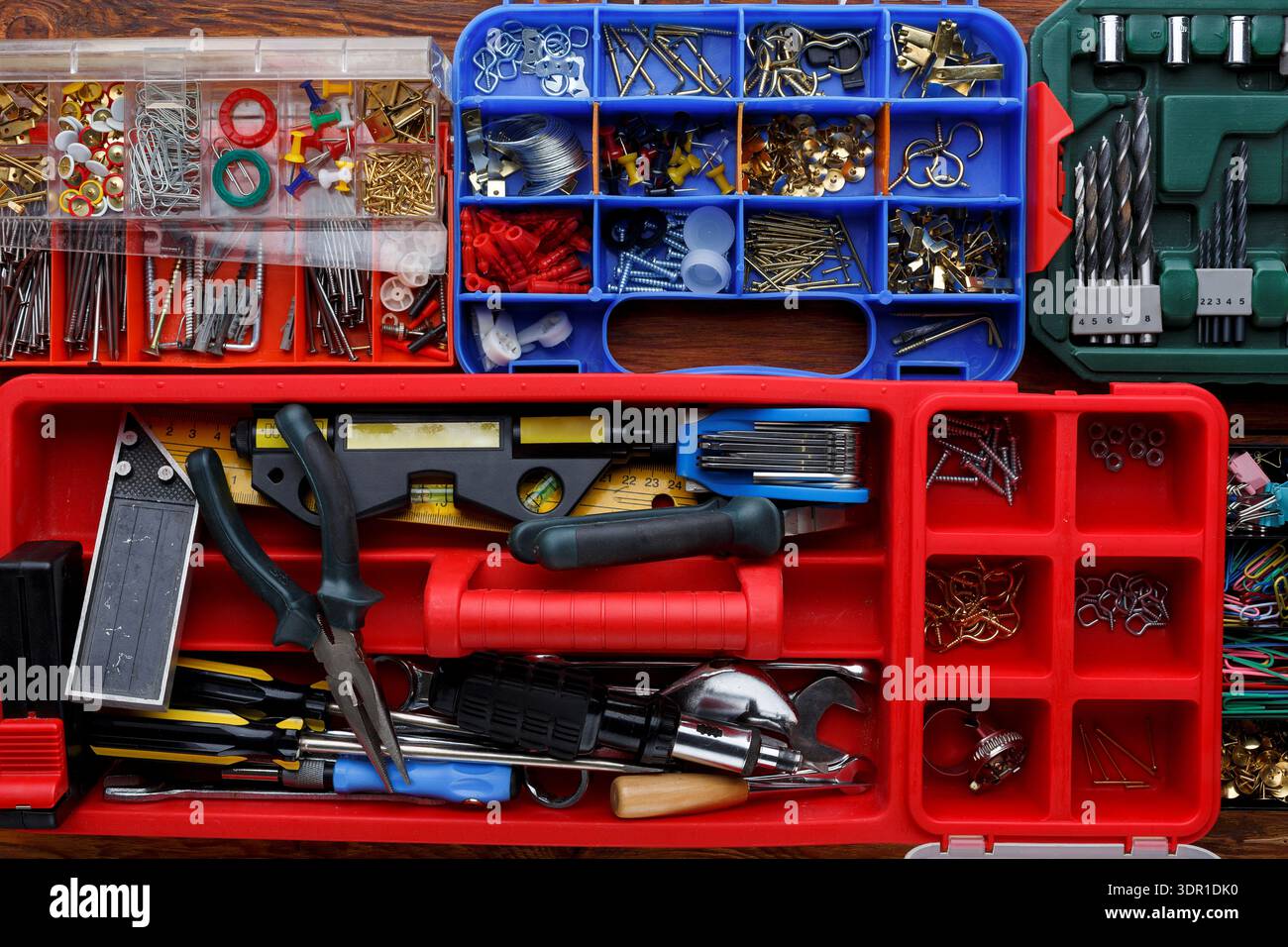 Tools and Supplies Are Organized in Several Boxes for Various Tasks and Projects Stock Photo