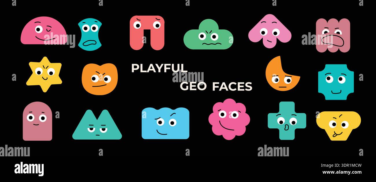Playful Geometric Shape Characters with Cute Faces Stock Vector
