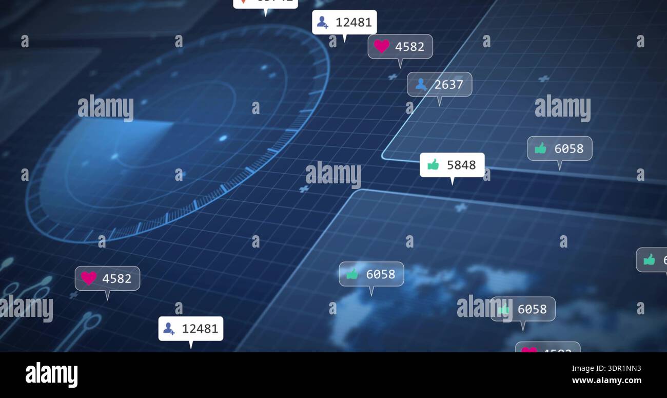 Displaying data dashboard filling virtual interface, showing radar HUD, social tags, grid Stock Photo
