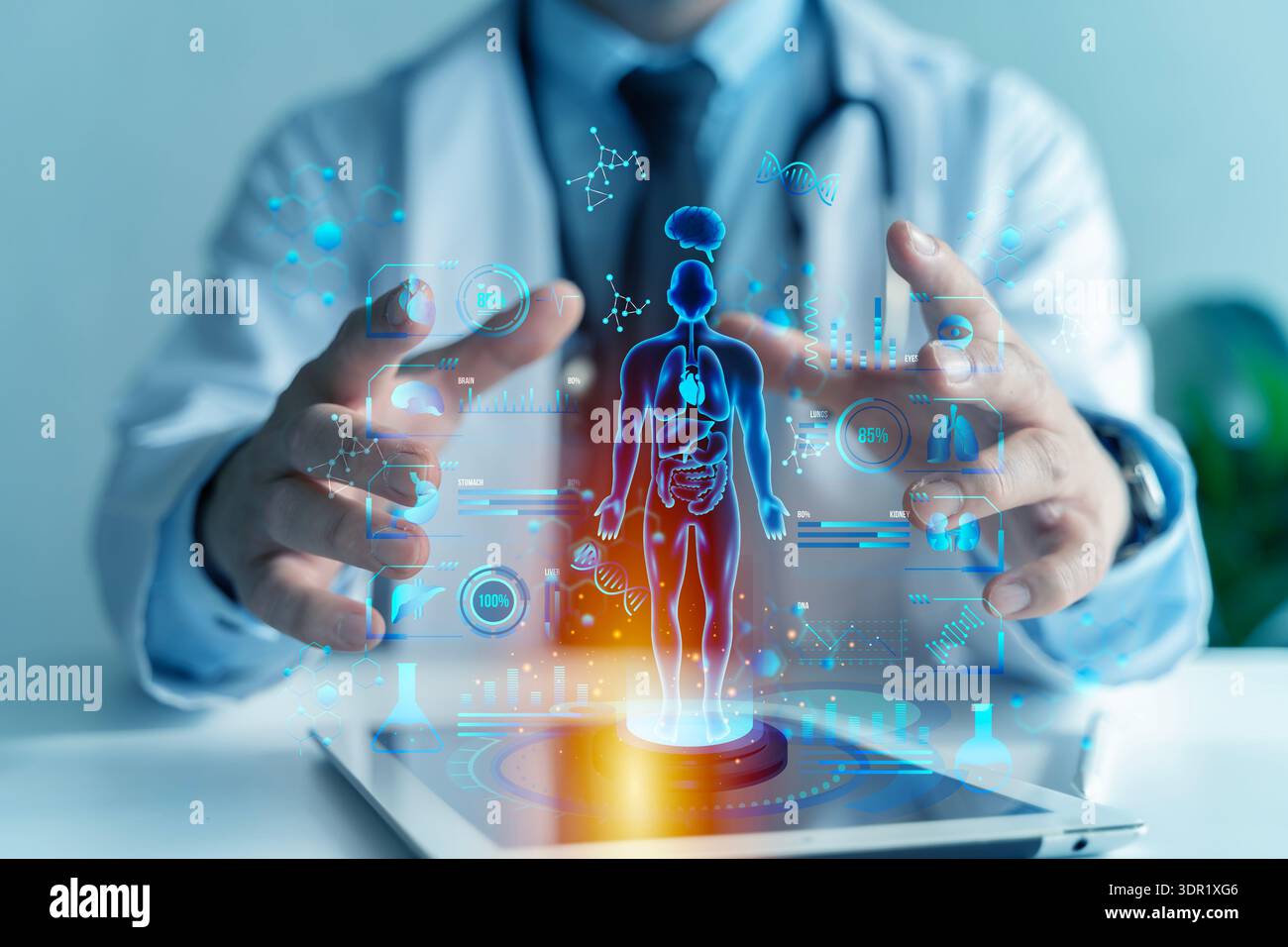 Medical doctor using futuristic hologram interface with human anatomy, organ metrics and data charts for AI diagnostics, telemedicine, electronic heal Stock Photo