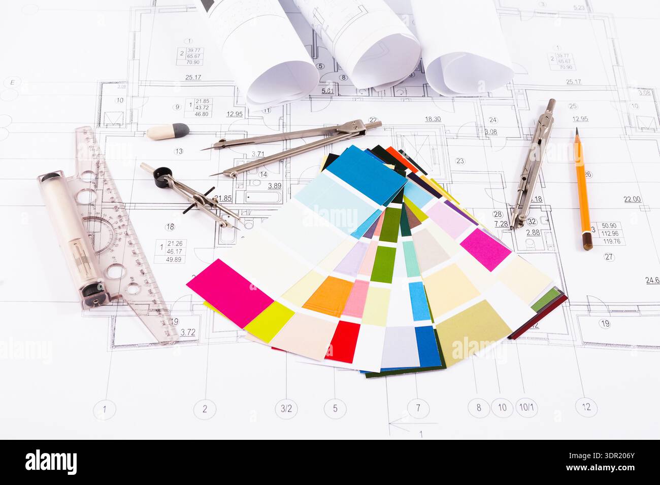 Collection of Design Tools and Color Samples on Architectural Blueprint ...