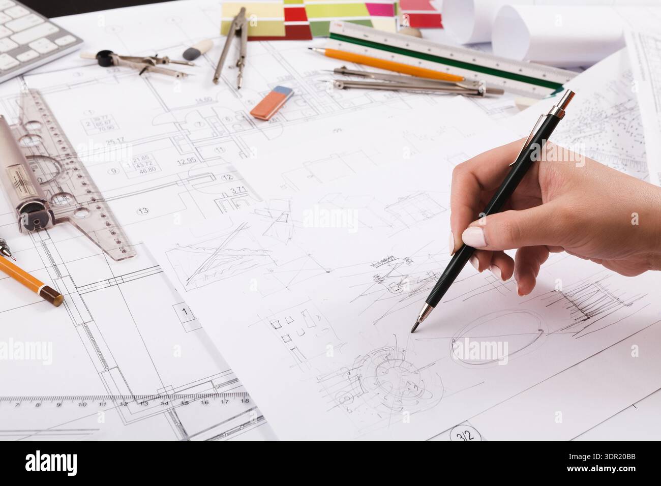 Photo Collage Example Technical Drafting Collage of Design Tools and Sketches on a Desk for Architectural ...