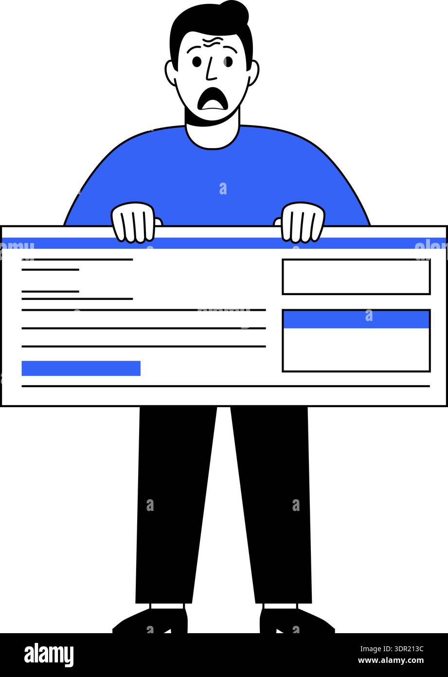 Cartoon man in a blue shirt holds a giant check, his face frozen in ...