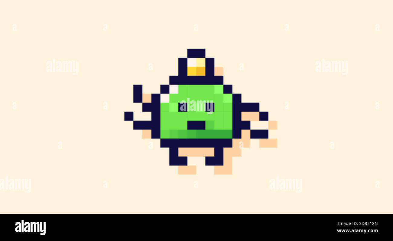 Pixel art cute green space monster. Stock Vector