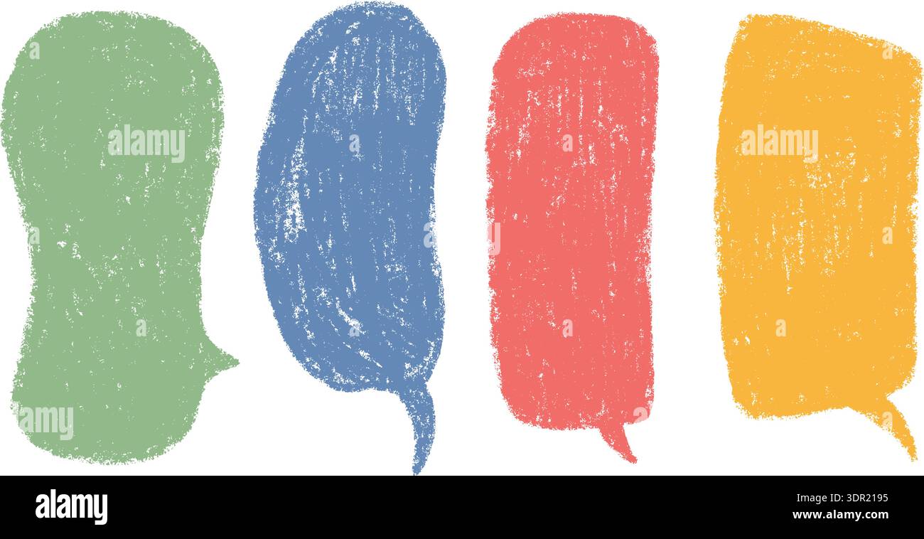 Crayon color speech bubble set. Doodle text frames. Hand drawn pastel comic dialog box. Chalk texture speech bubble. Chat balloon. Cloud shape. Vector Stock Vector