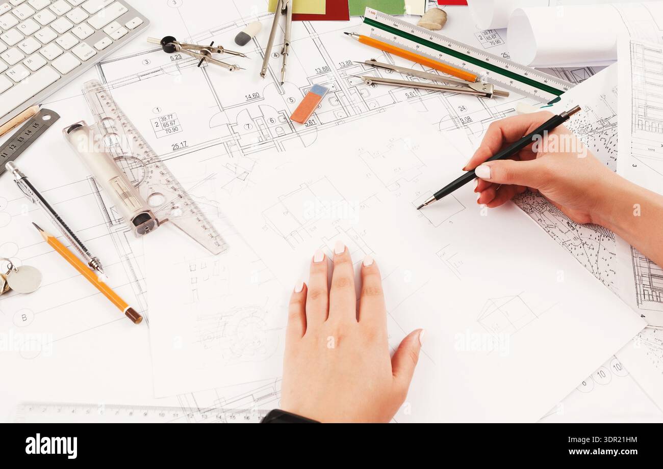 Design Process Involves Drafting and Planning With Tools and Materials in an Organized Workspace Stock Photo