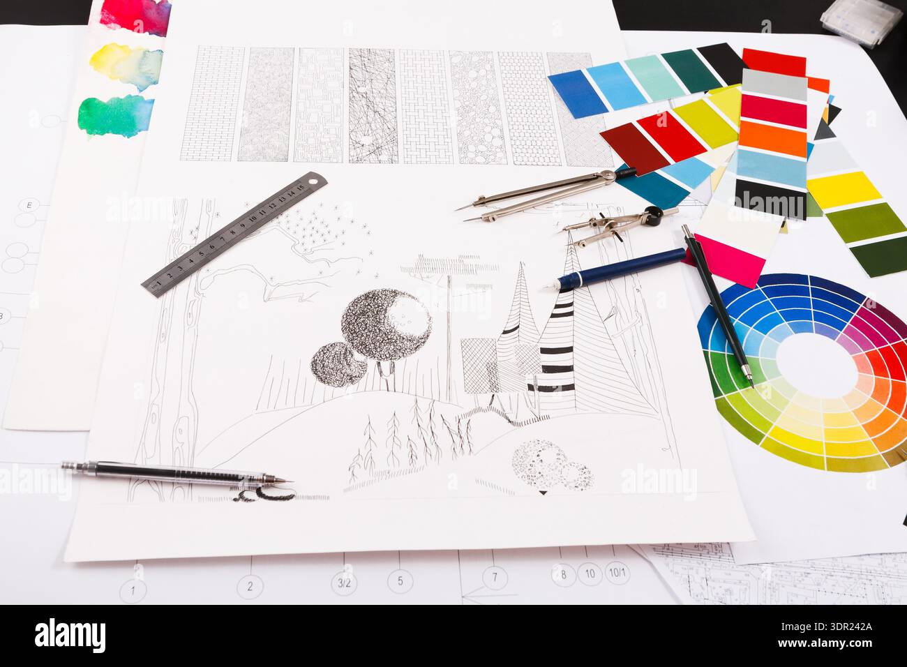 Design Collection Featuring Sketches, Color Palettes, and Drawing Tools ...