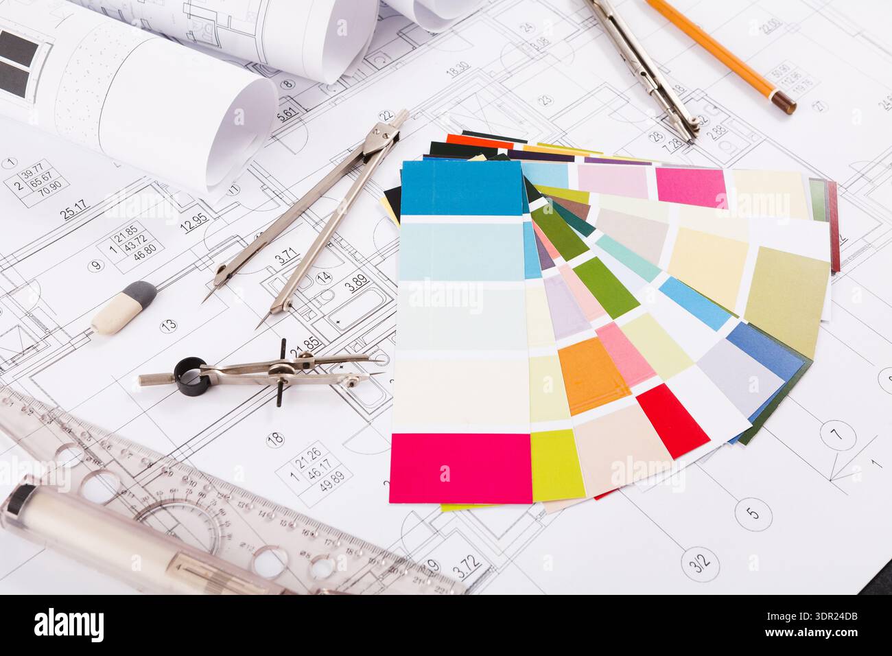 Collection of Color Swatches and Drafting Tools on Architectural Plans ...