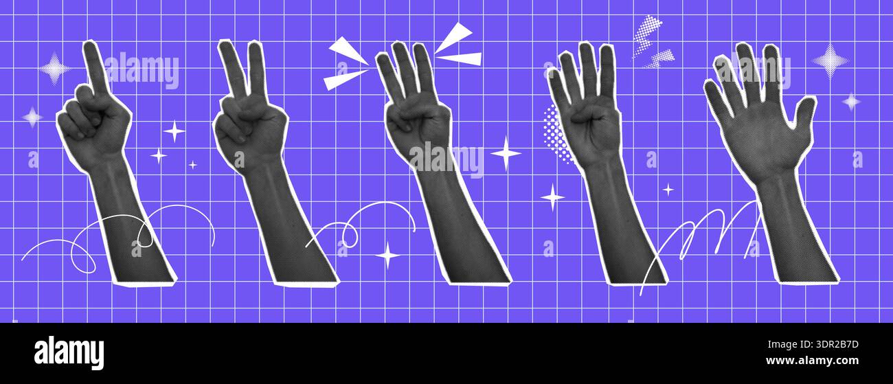 Hand set halftone collage with gesture calculation, different finger ...