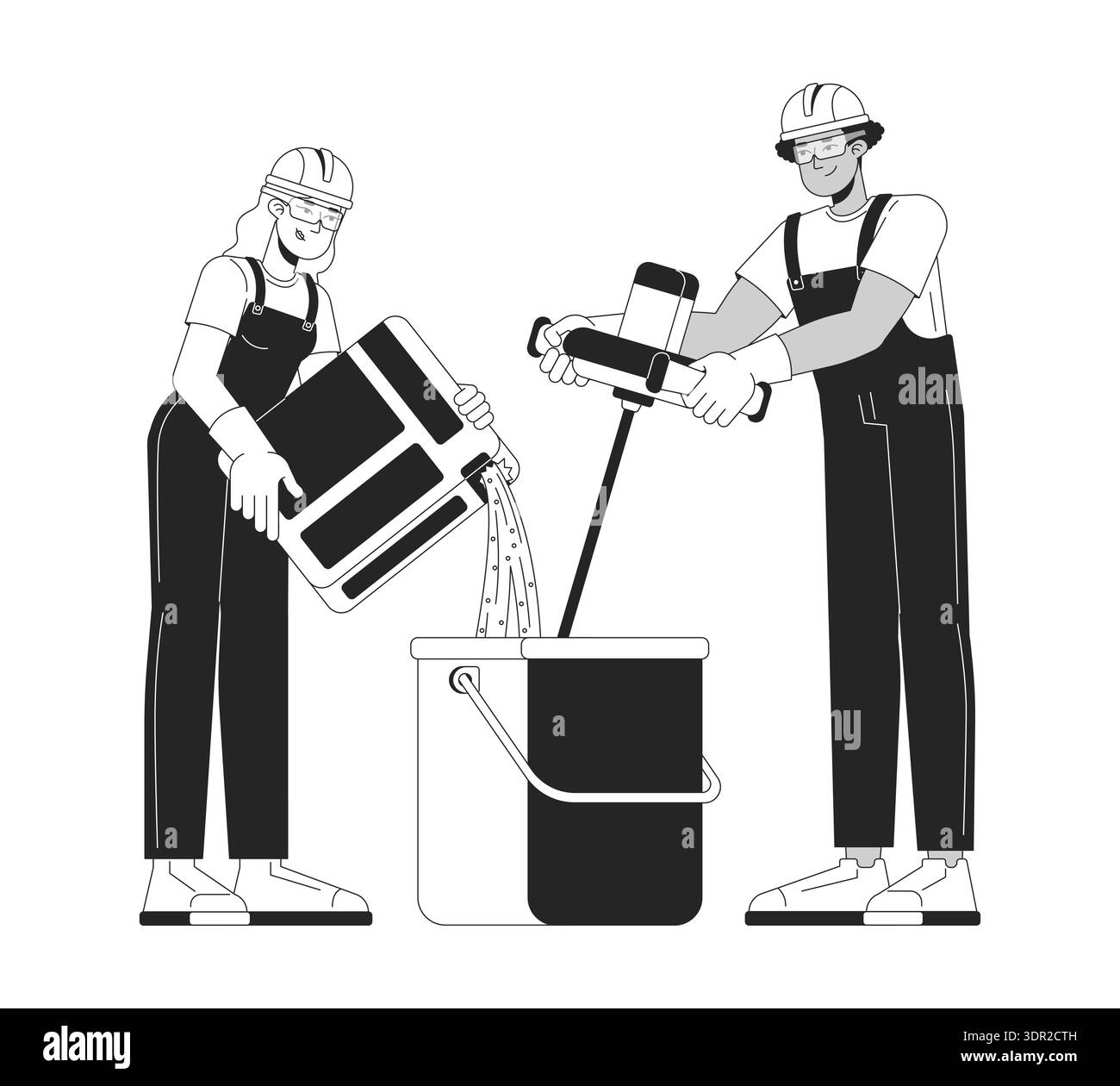 Construction workers mixing plaster outline illustration Stock Vector