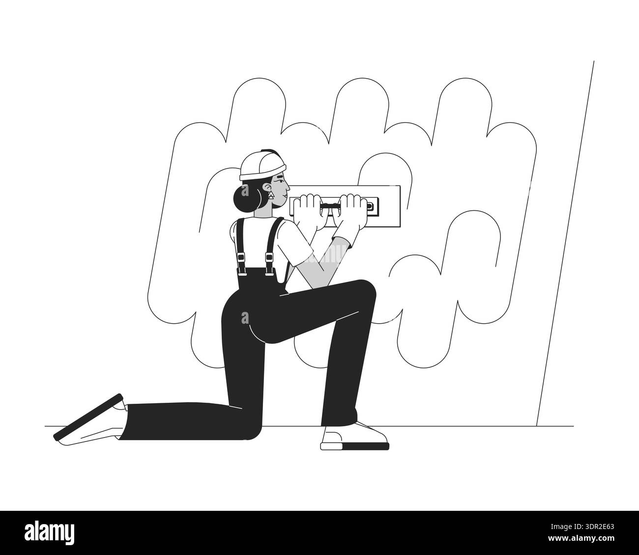 Construction worker applying wall putty outline illustration Stock Vector