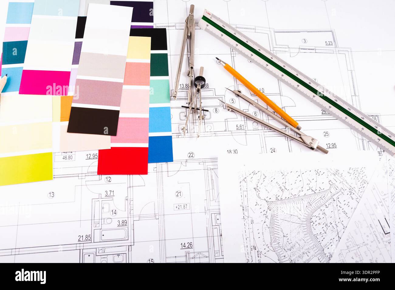 Design Drafting Color Code Collage of Color Swatches and Drafting Tools on Architectural ...