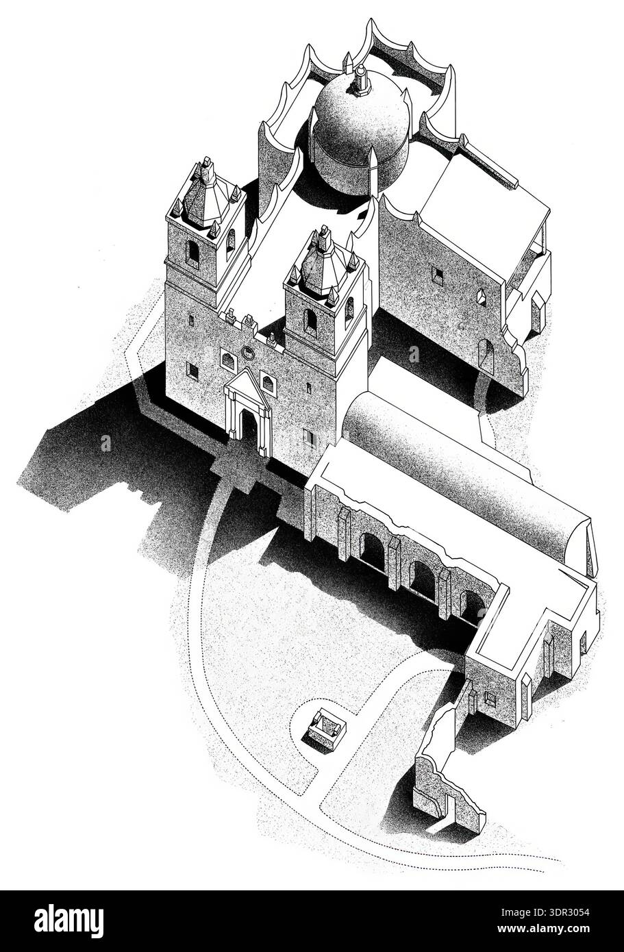 Mission Concepción, San Antonio, Texas, axonometric view Stock Photo