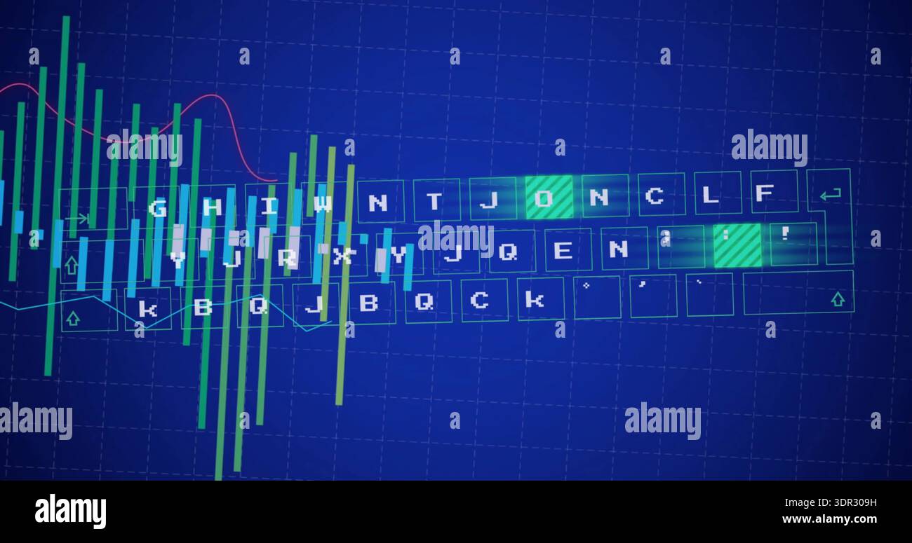 Displaying virtual keyboard overlaying blue grid dashboard, green keys ...