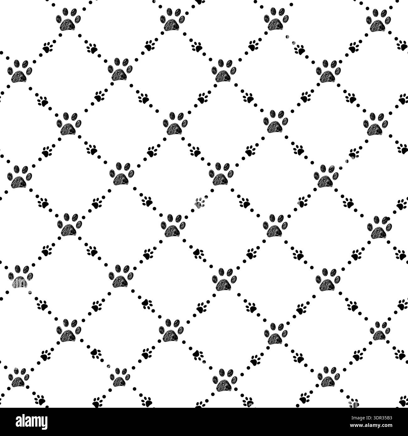Black paw prints trace with dots plaid design seamless fabric pattern Stock Vector