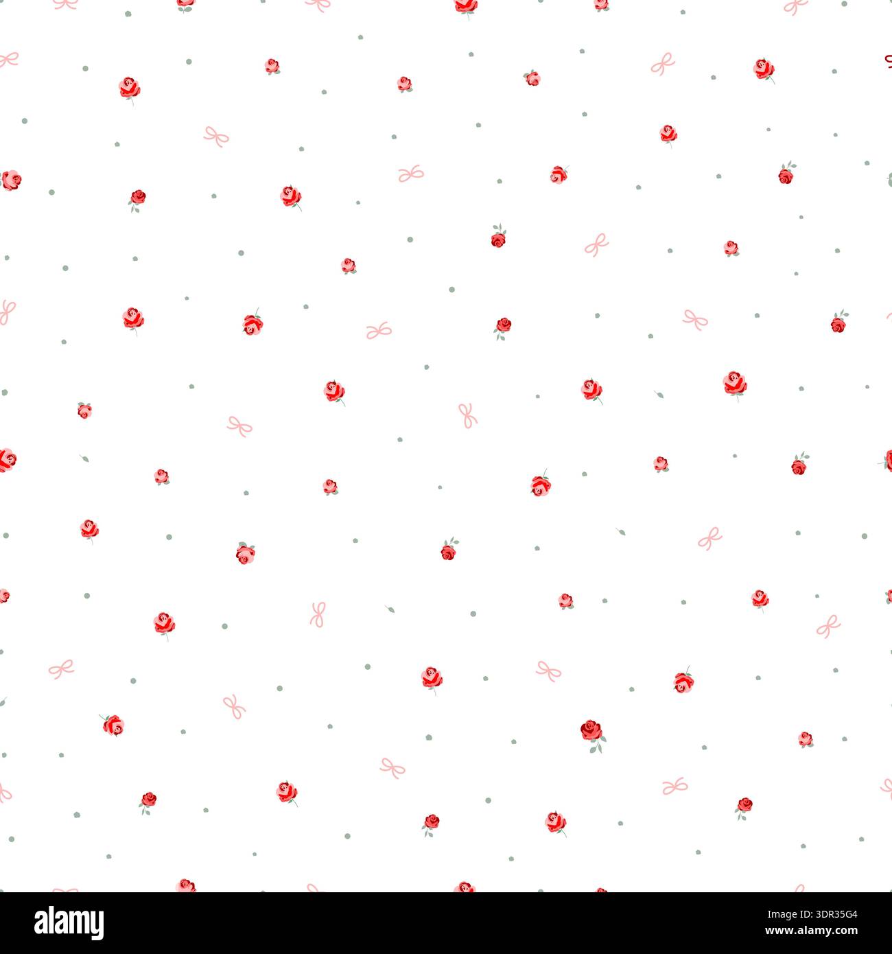 Cute red roses dots and bow seamless fabric design pattern Stock Vector