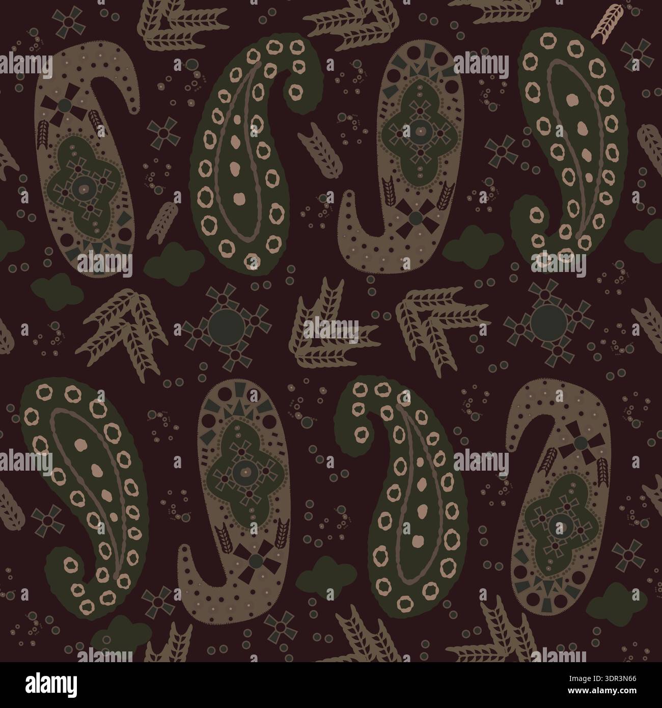 Paisley seamless fabric design pattern with brown background Stock Vector