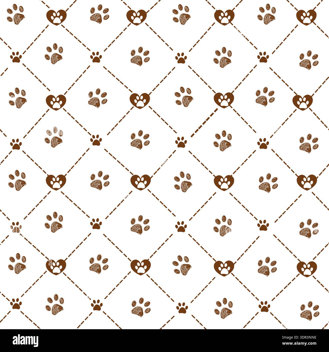 Brown paw prints plaid design seamless fabric pattern II Stock Vector