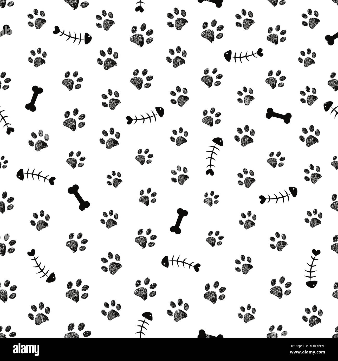 Black paw prints bone and fish background. Seamless fabric design pattern Stock Vector