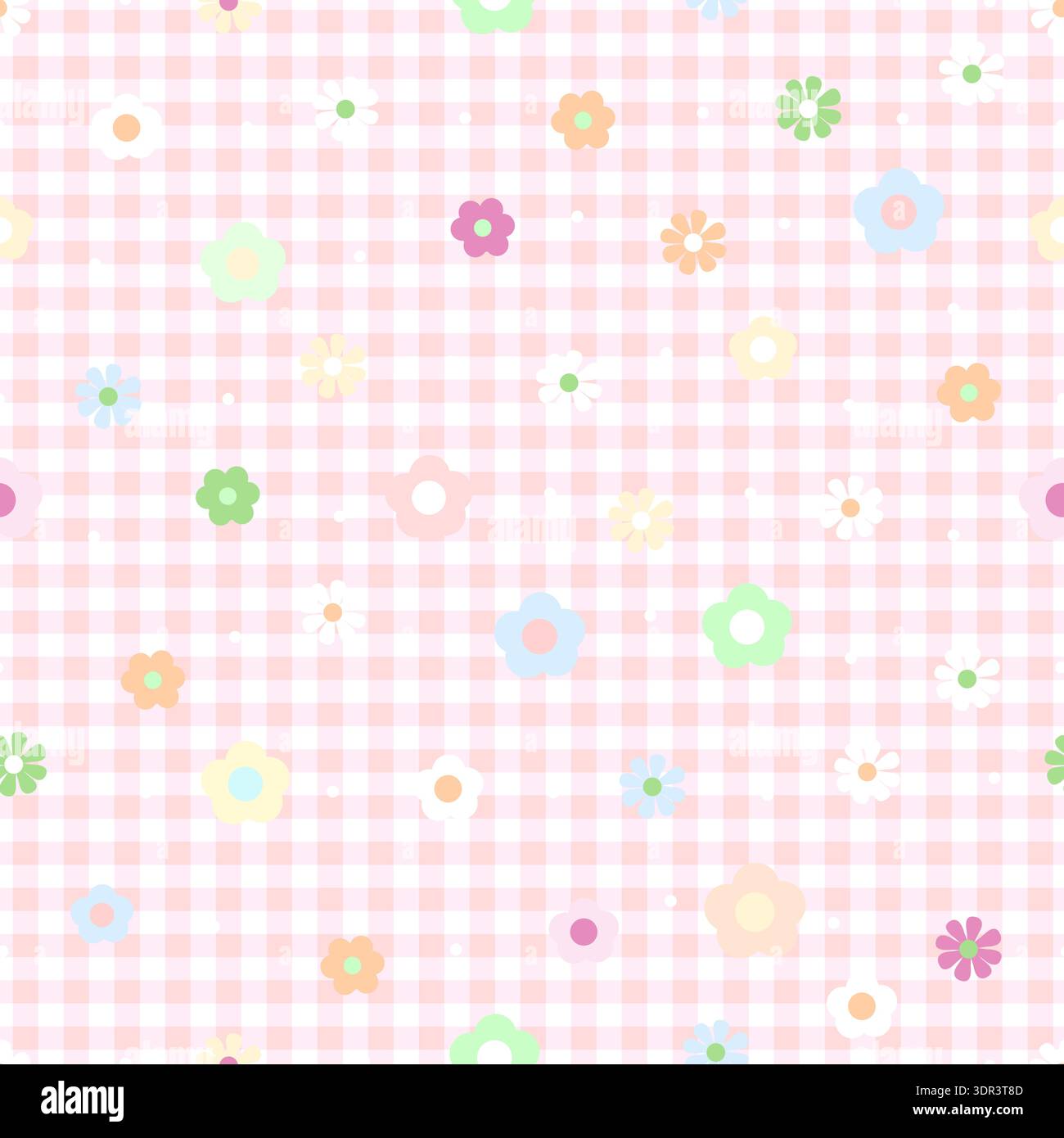 Plaid pattern with pastel flowers. Seamless fabric design pattern Stock Vector