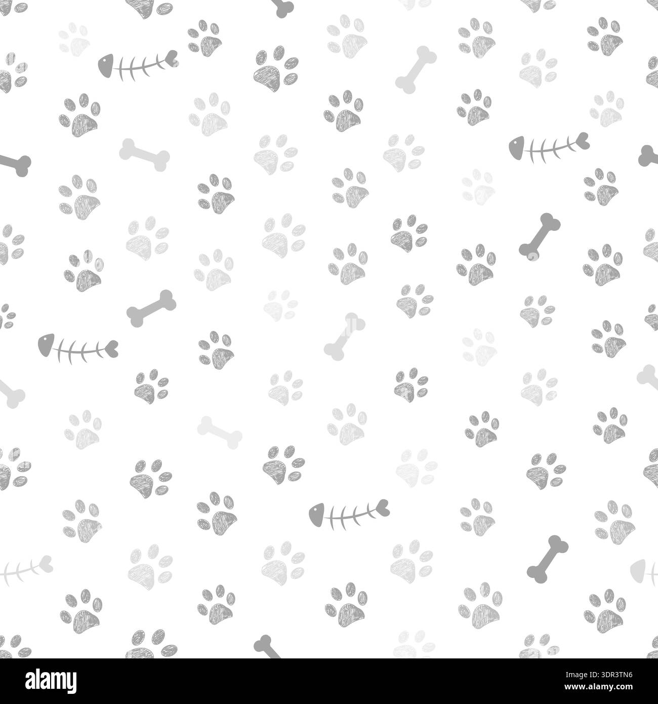 Grey colored paw prints, bones and fish bones background. Seamless fabric design pattern Stock Vector
