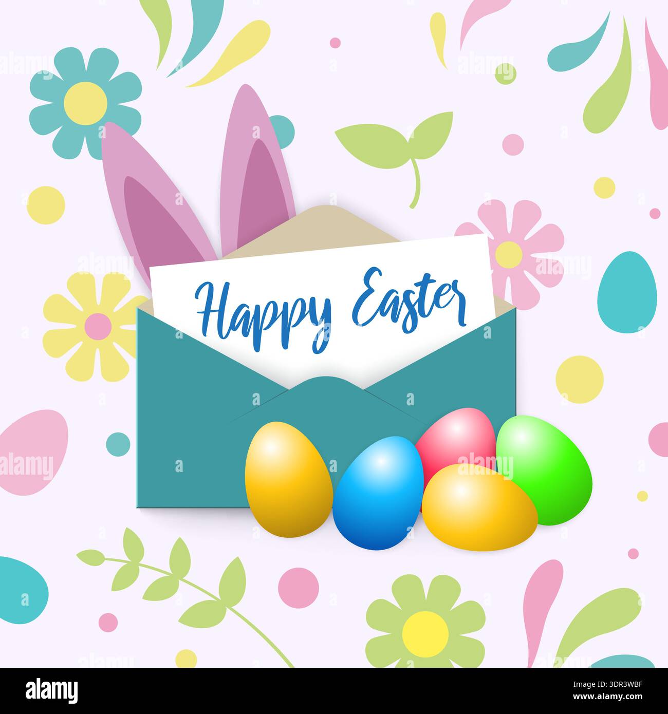 Happy Easter greeting card. Letter in an envelope, cute rabbit bunny ears, easter eggs. Light background with colorful eggs, floral elements. Spring Stock Vector