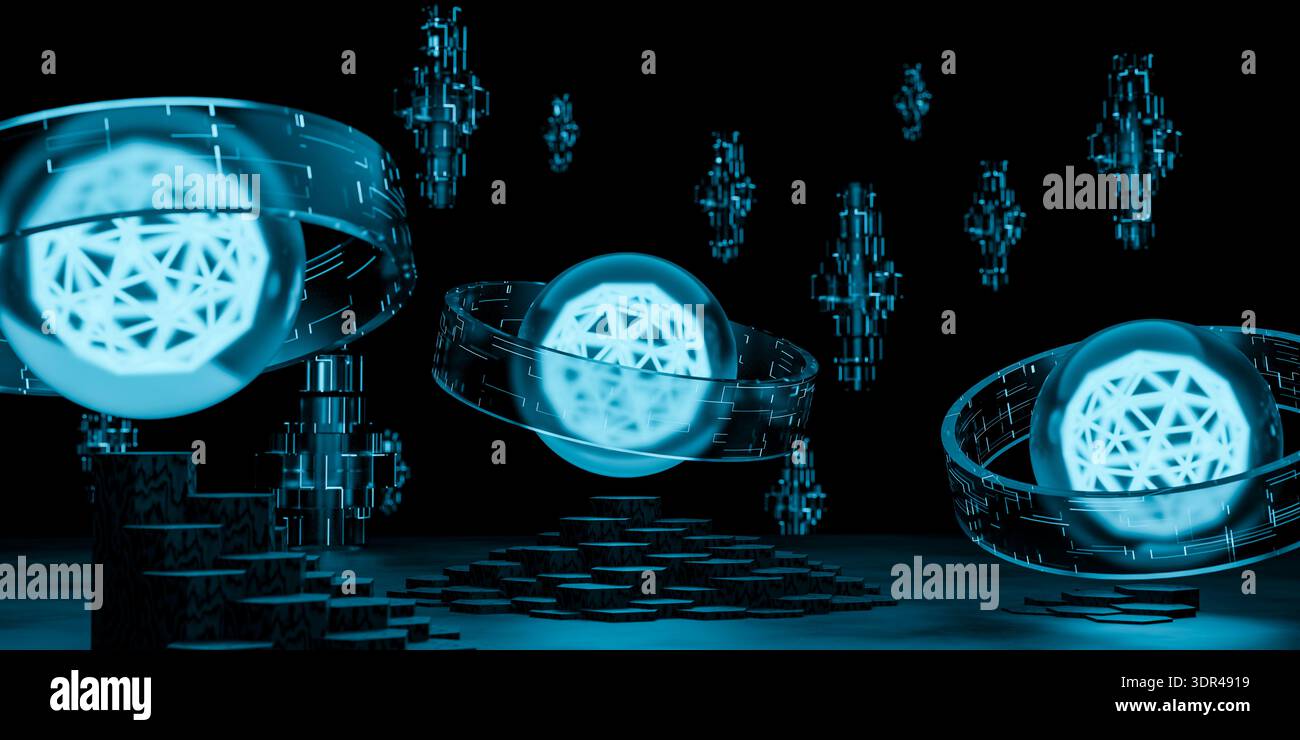 futuristic technology concept featuring blue glowing sphere with scientific research background quantum computer data processing network system innova Stock Photo