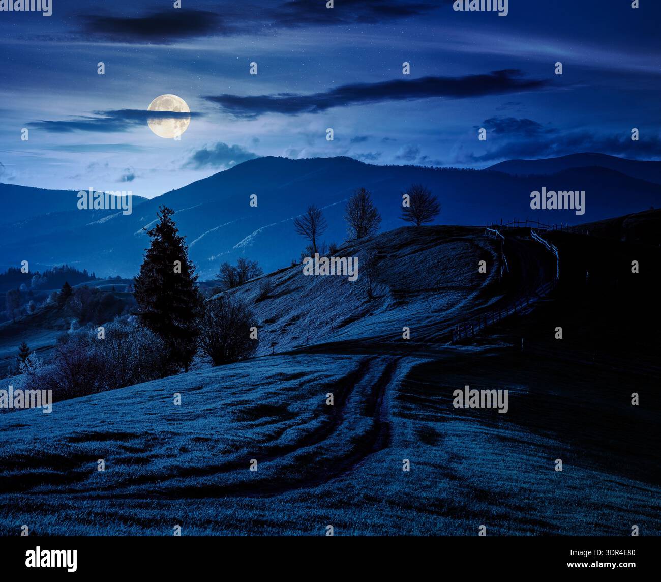 countryside scenery with grassy slopes at night. wooden fence along the dirt road through rolling hills in full moon light. mysterious landscape of di Stock Photo
