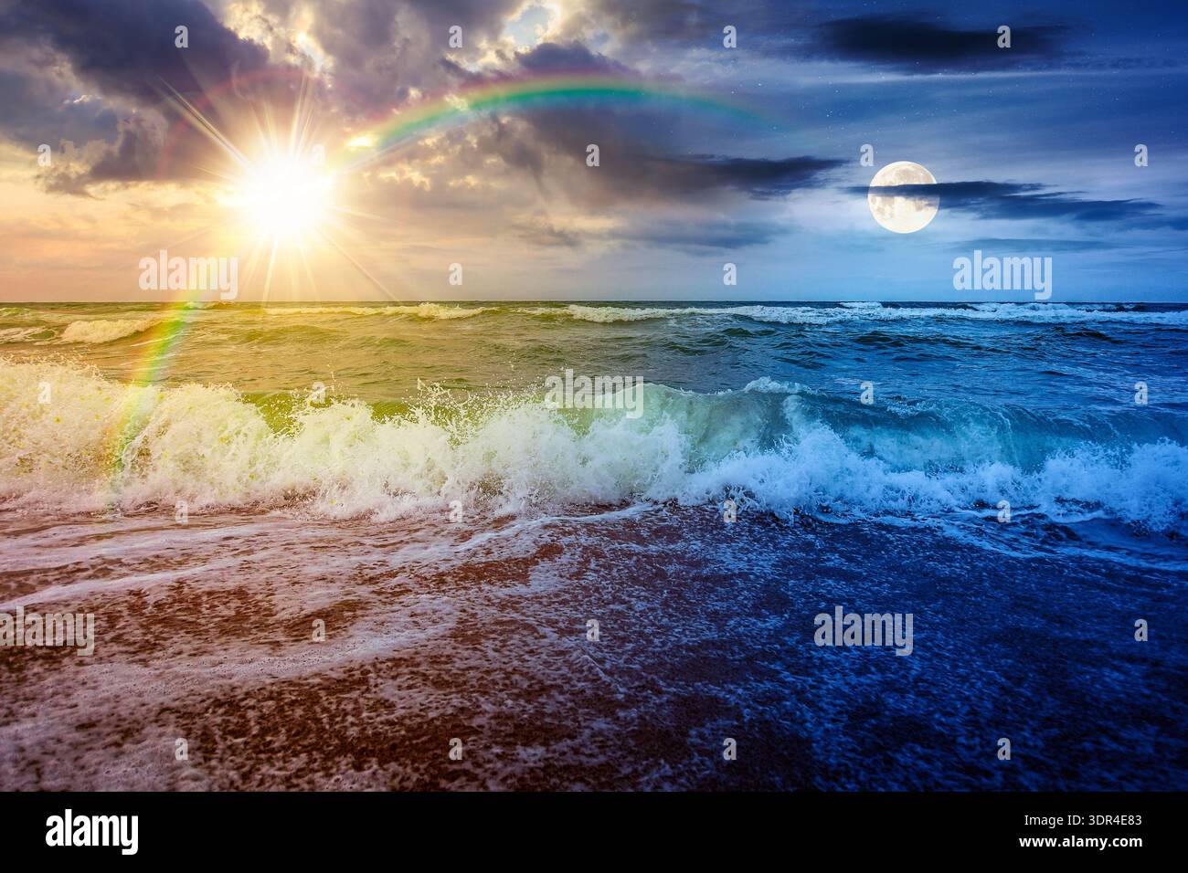 stormy weather on the sandy beach. day and night time change concept. dramatic sky over the sea with sun and moon. moody landscape on autumn equinox. Stock Photo