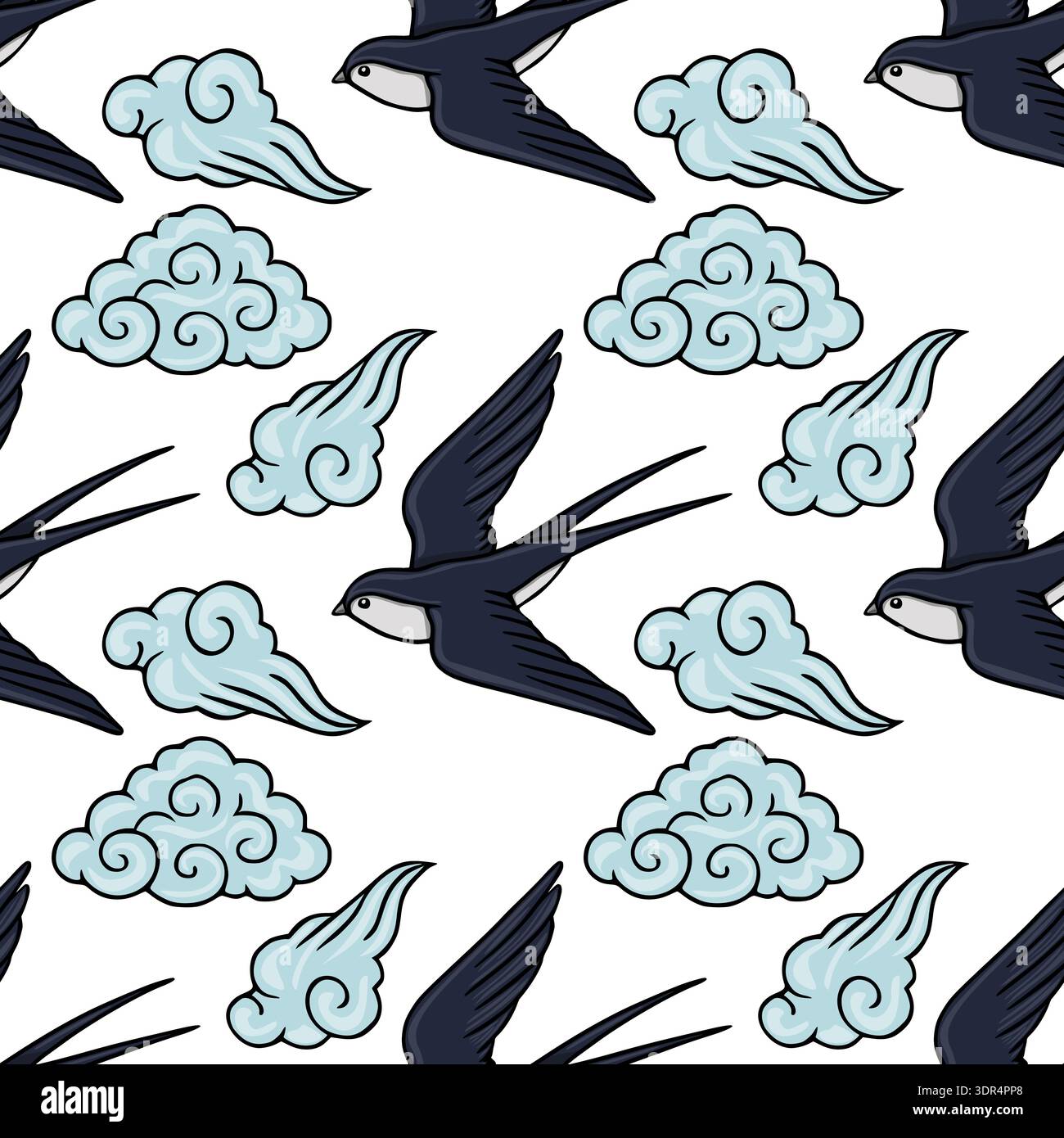 Seamless vector pattern of dark swallows flying through stylized light blue clouds Stock Vector