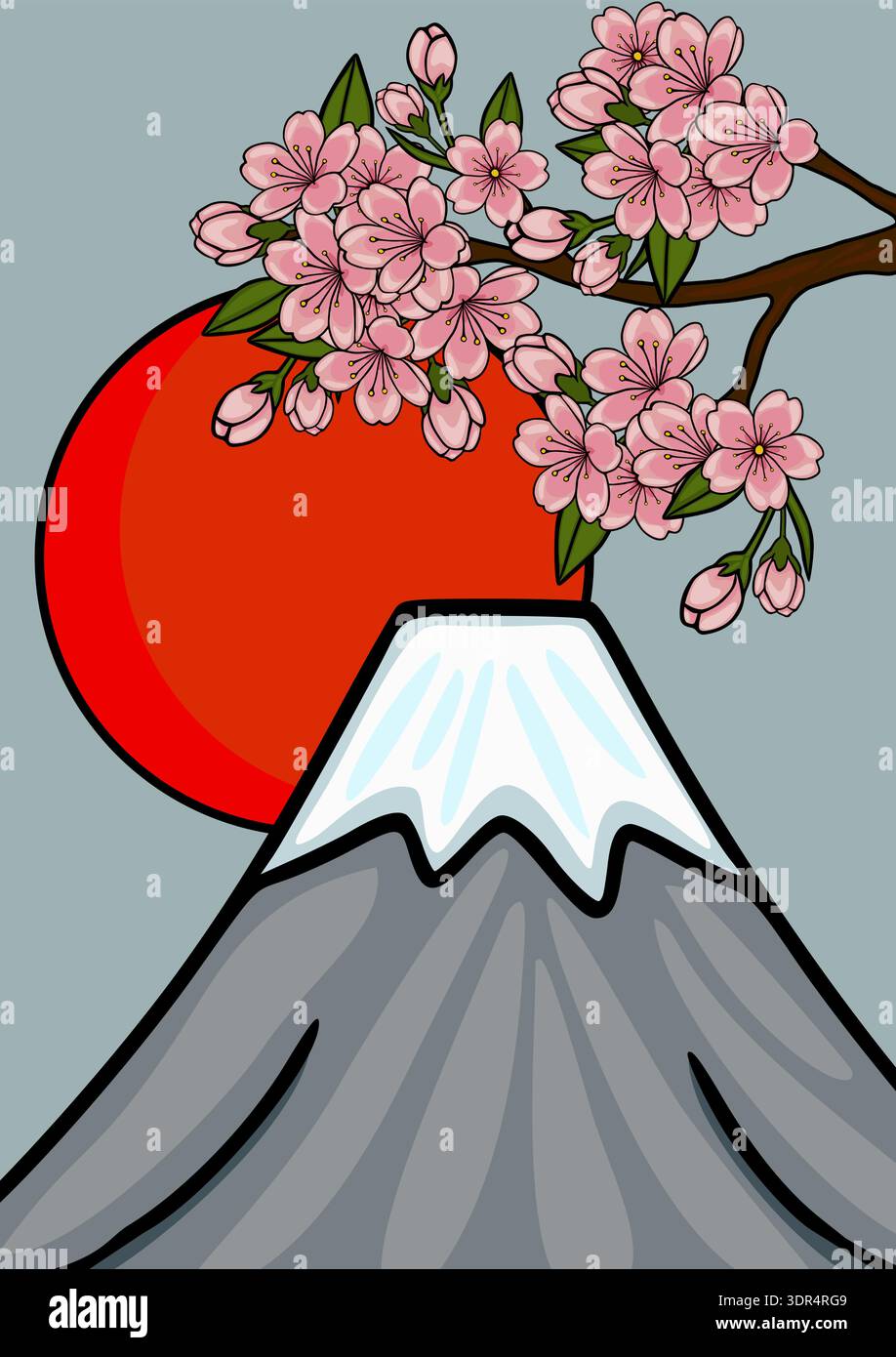 Beautiful vector poster illustration of Mount Fuji with blooming