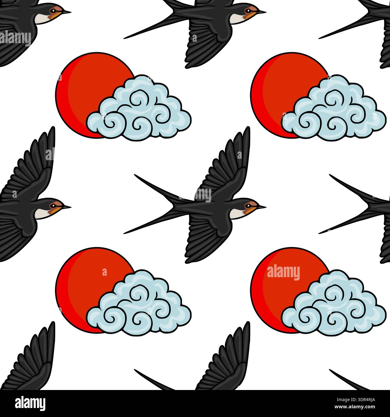 Seamless vector pattern of flying swallows and a red sun with stylized clouds, Japanese style Stock Vector