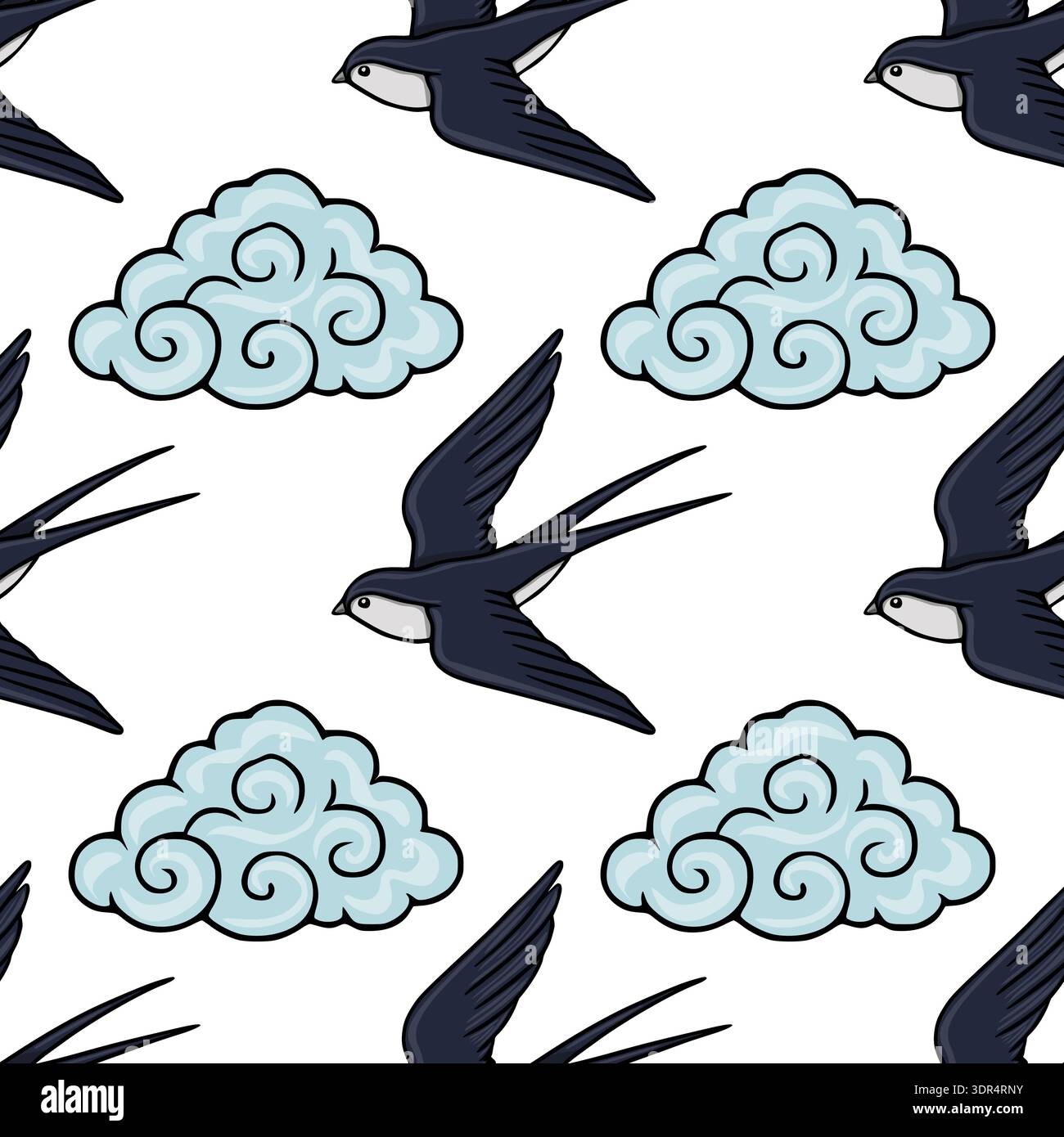 Seamless vector pattern of dark blue swallows flying through stylized light blue clouds Stock Vector
