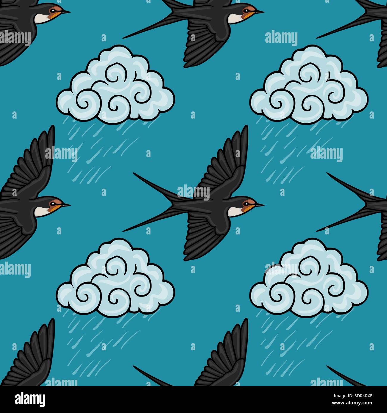 Seamless vector pattern of swallows flying through stylized clouds and rain Stock Vector