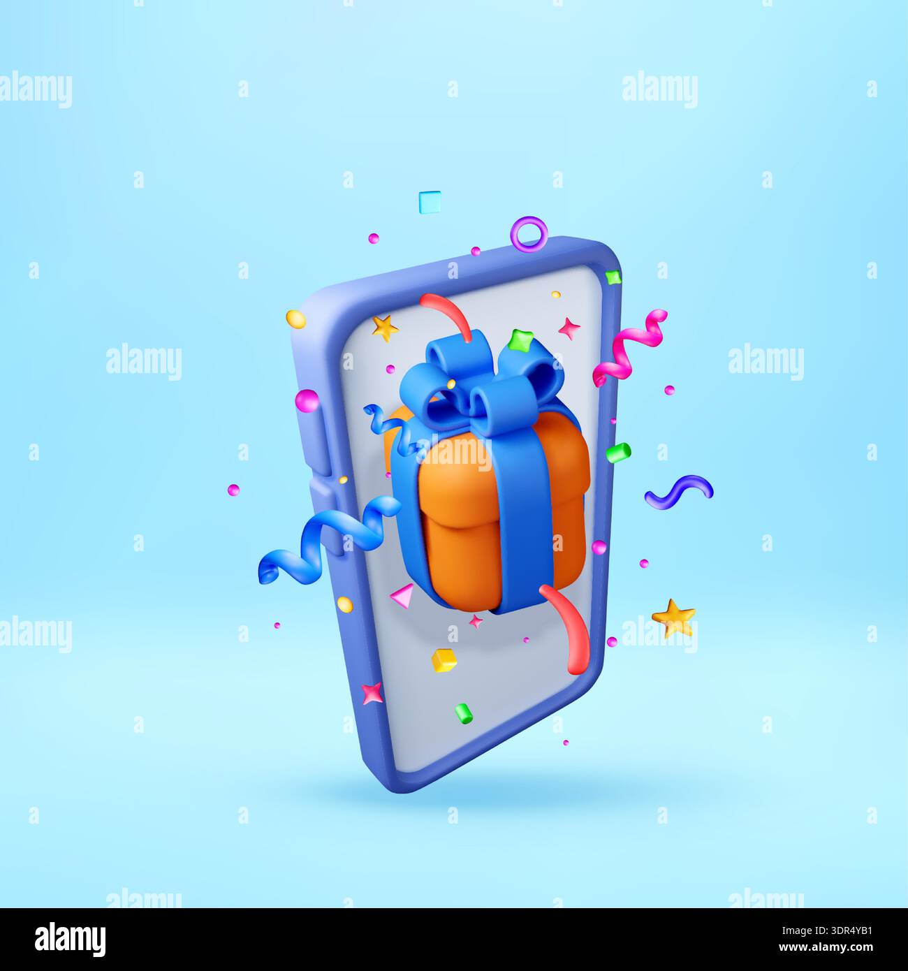 3D Gift box on a smartphone screen and confetti. Stock Vector