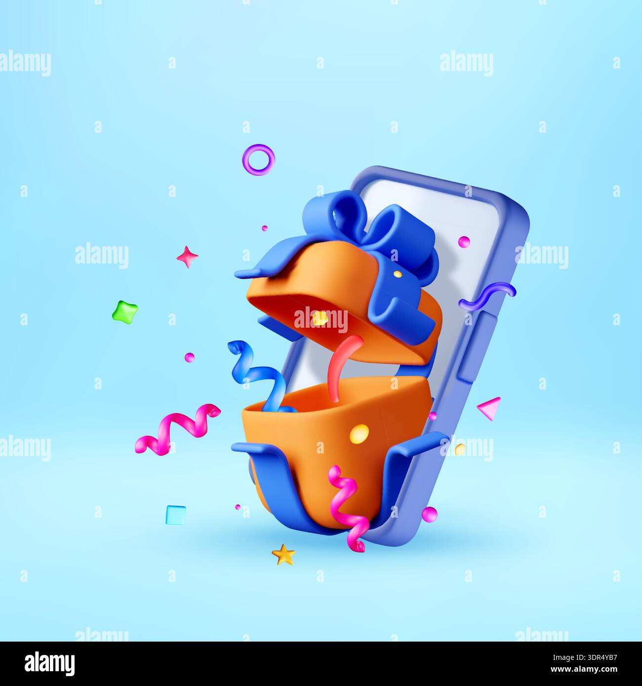 3D Open gift box with confetti on phone screen Stock Vector