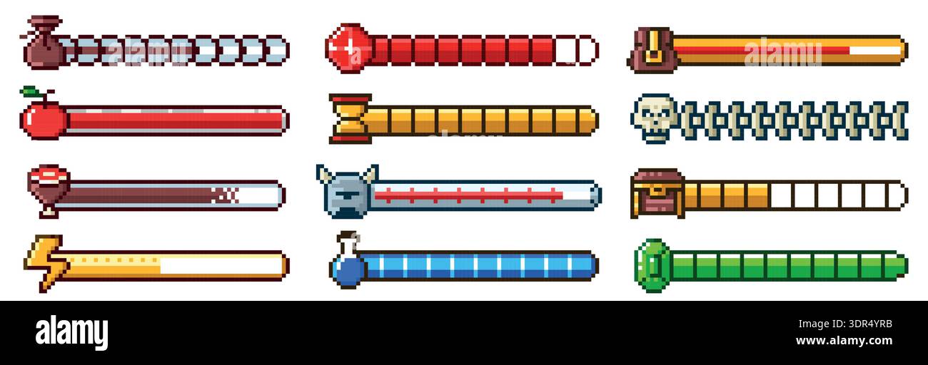 Pixel progress bar. 8bit 80s arcade game status indicator, rpg gaming ...