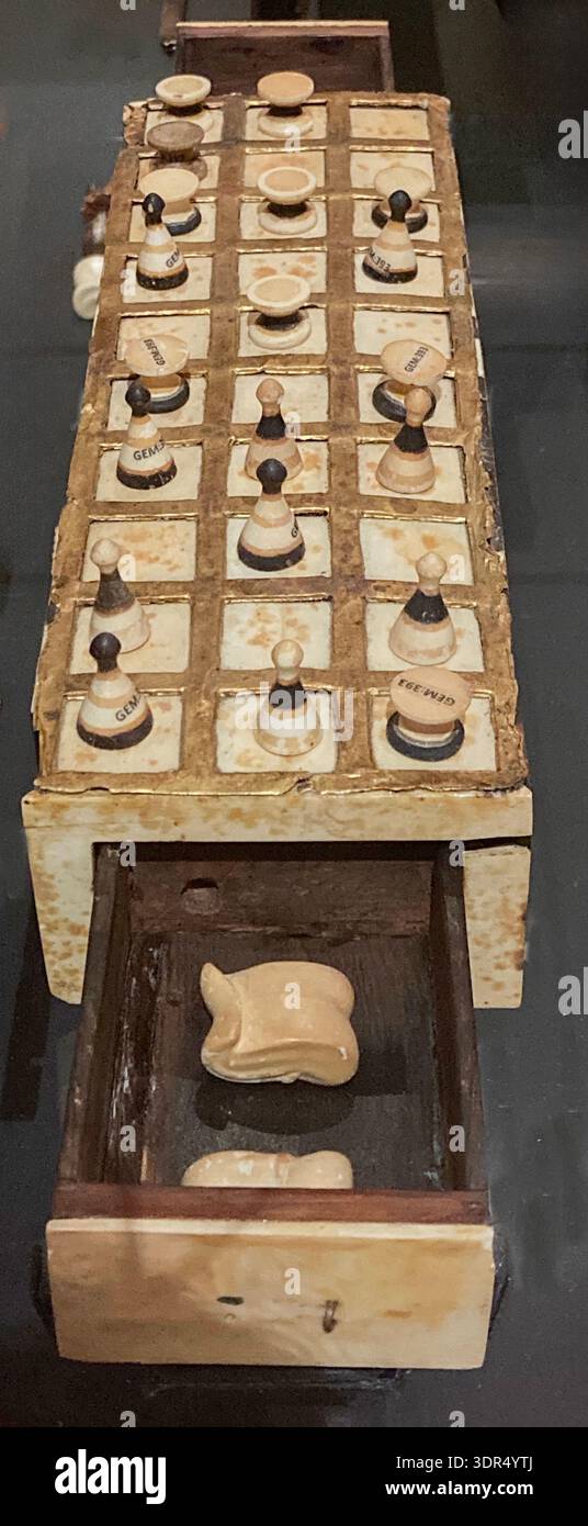 A complete wood, gold and ivory game box found in Tutankhamun's tomb now on display in the Grand Egyptian Museum, Giza, near Cairo, Egypt. - Smartphone Captured Stock Image
