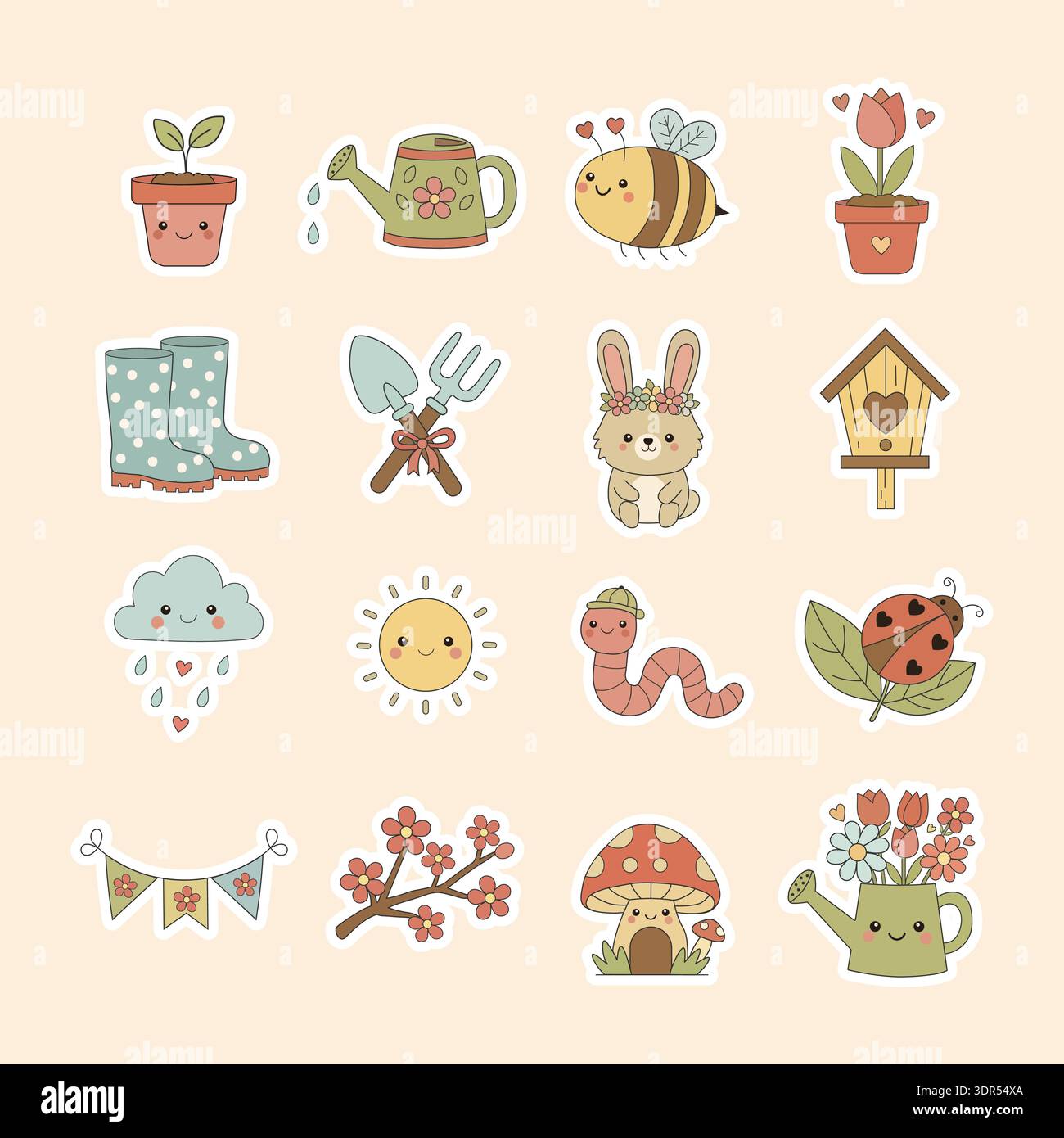 Cute Spring Garden Sticker Set with Kawaii Animals Flowers and