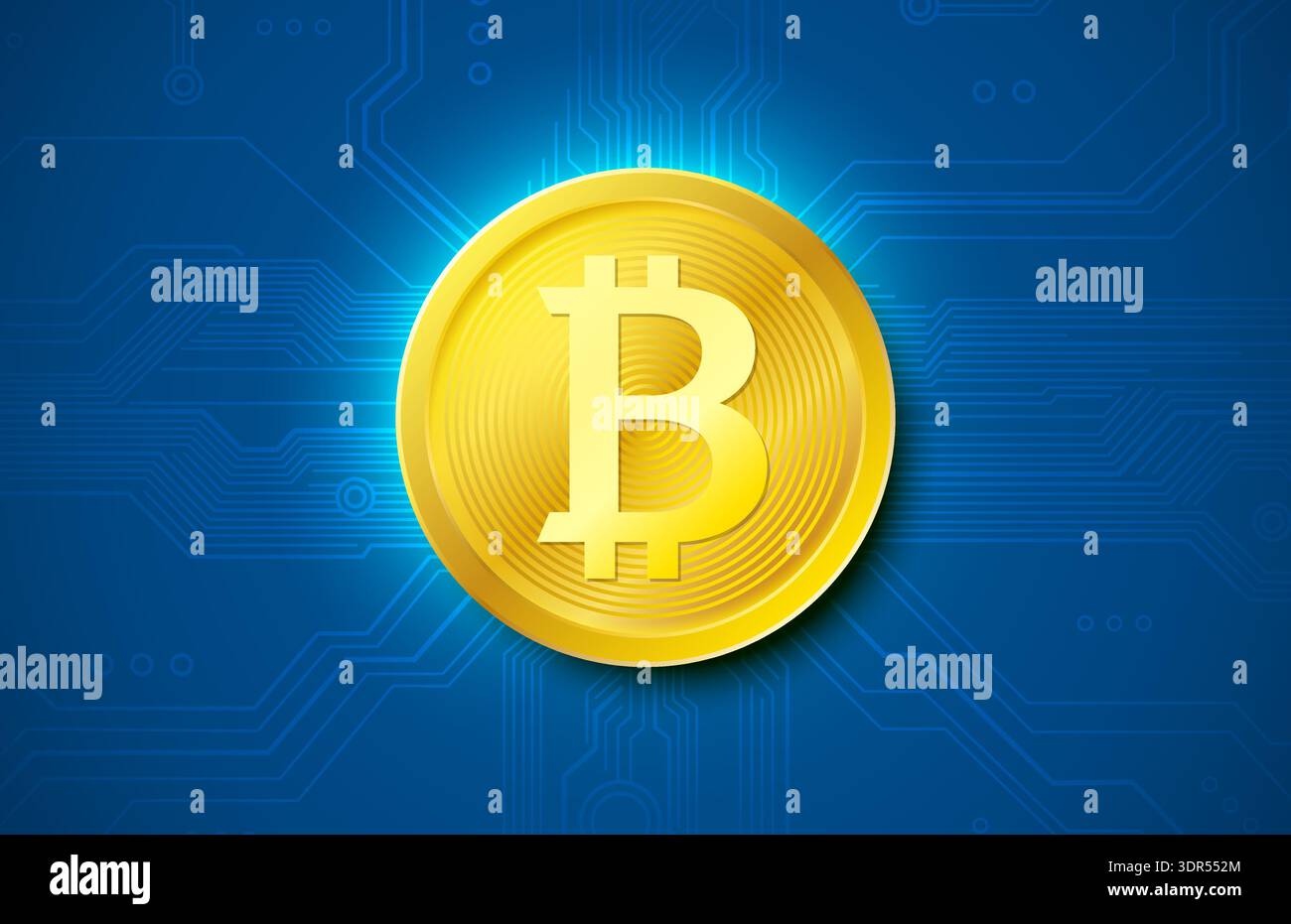 Shiny golden Bitcoin coin on a futuristic blue digital circuit background. A symbol of modern cryptocurrency and blockchain technology. Vector illustration Stock Vector