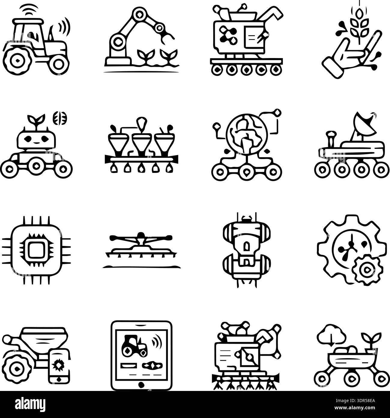 Smart Farm Machinery & Agricultural Automation Icon Set. Autonomous ...