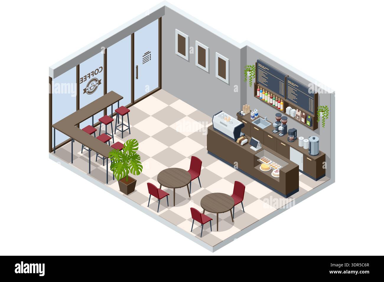 Isometric cafe interior with coffee bar, menu board, seating area ...