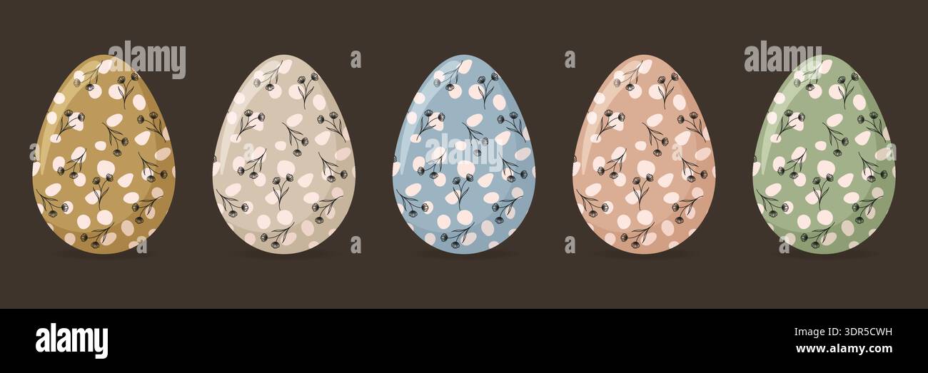 Boho Easter eggs set with floral sketches and polka dot pattern vector illustration. Stock Vector