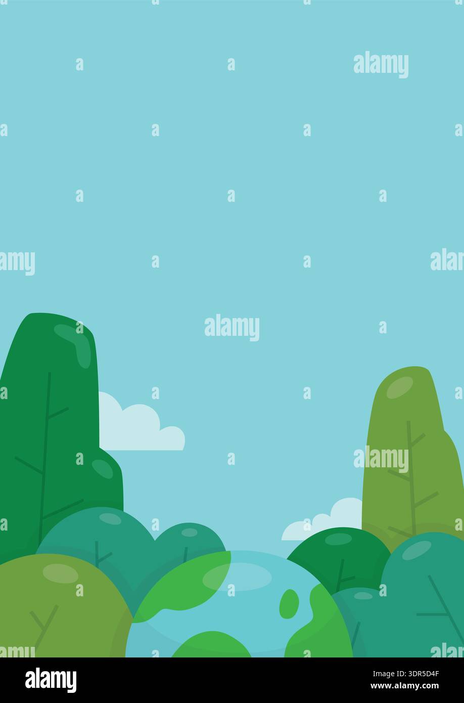 Environmental vertical flat illustration background featuring stylized trees, globe, and bushes on a blue sky. Suitable for environment campaigns. Stock Vector