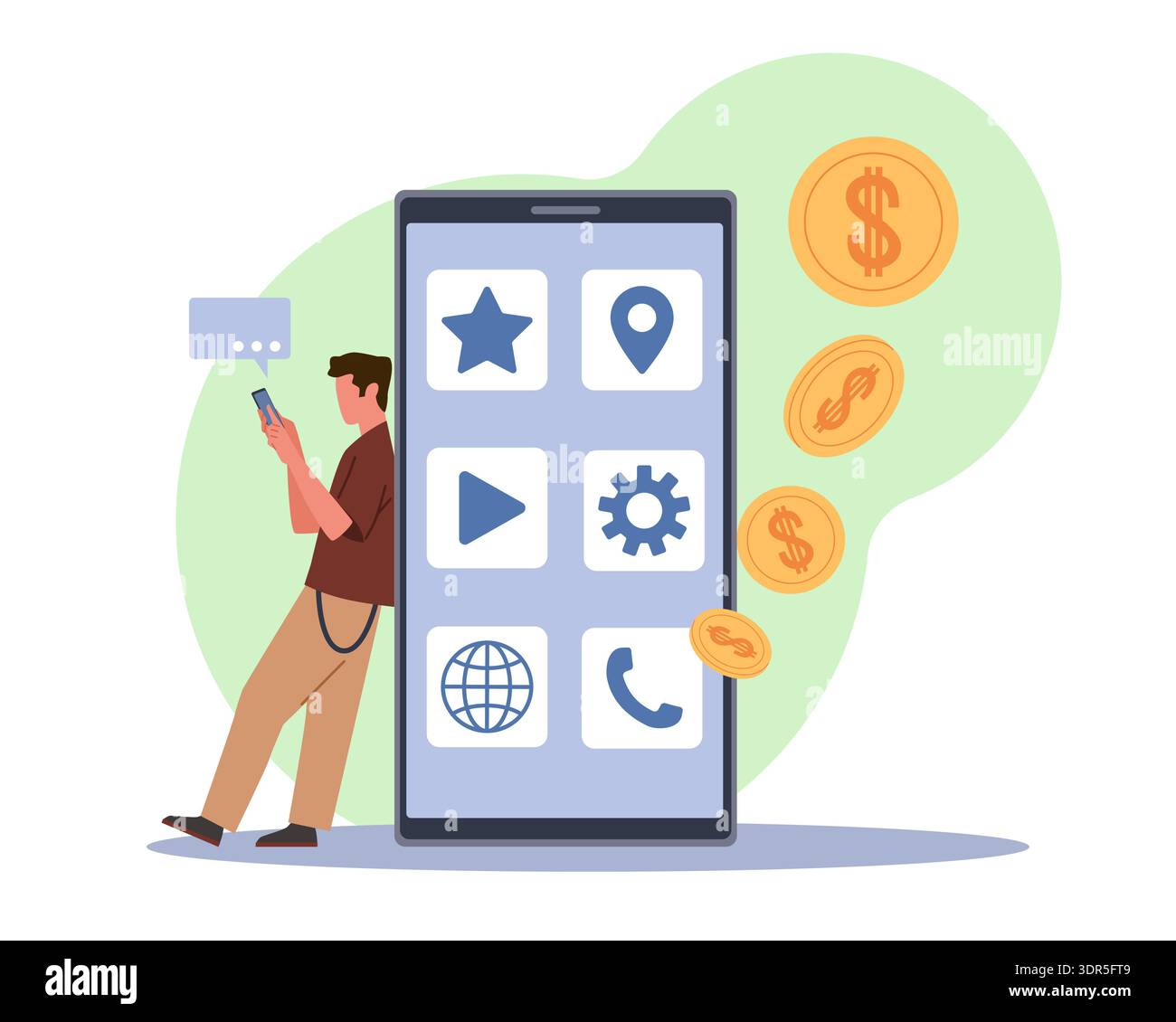 Monetization of applications. Mobile application development, programming process, user digital payments and e-commerce, huge smartphone screen with Stock Vector