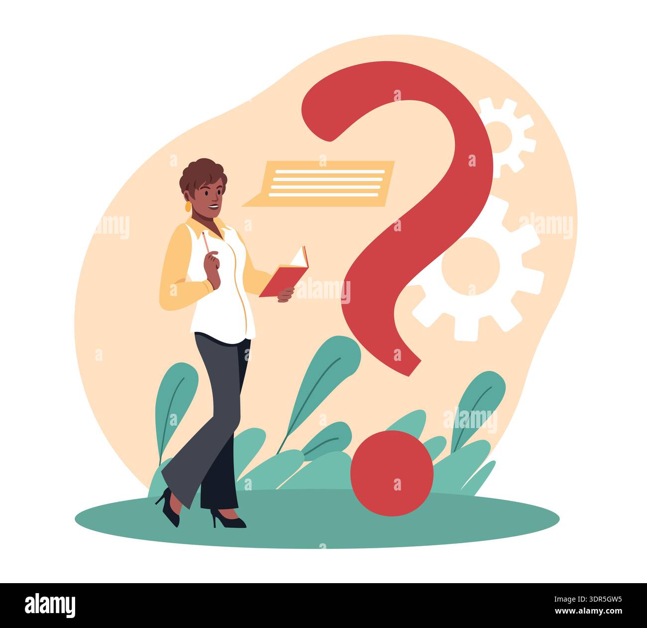 Frequently asked questions. Problem solving, crisis manager solves and answers question, decision support, woman with notebook, dialogue bubbles, faq Stock Vector